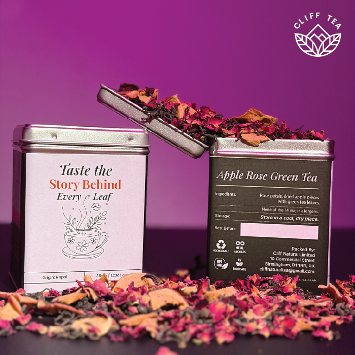 Rose petals and apple pieces in elegant tea setting